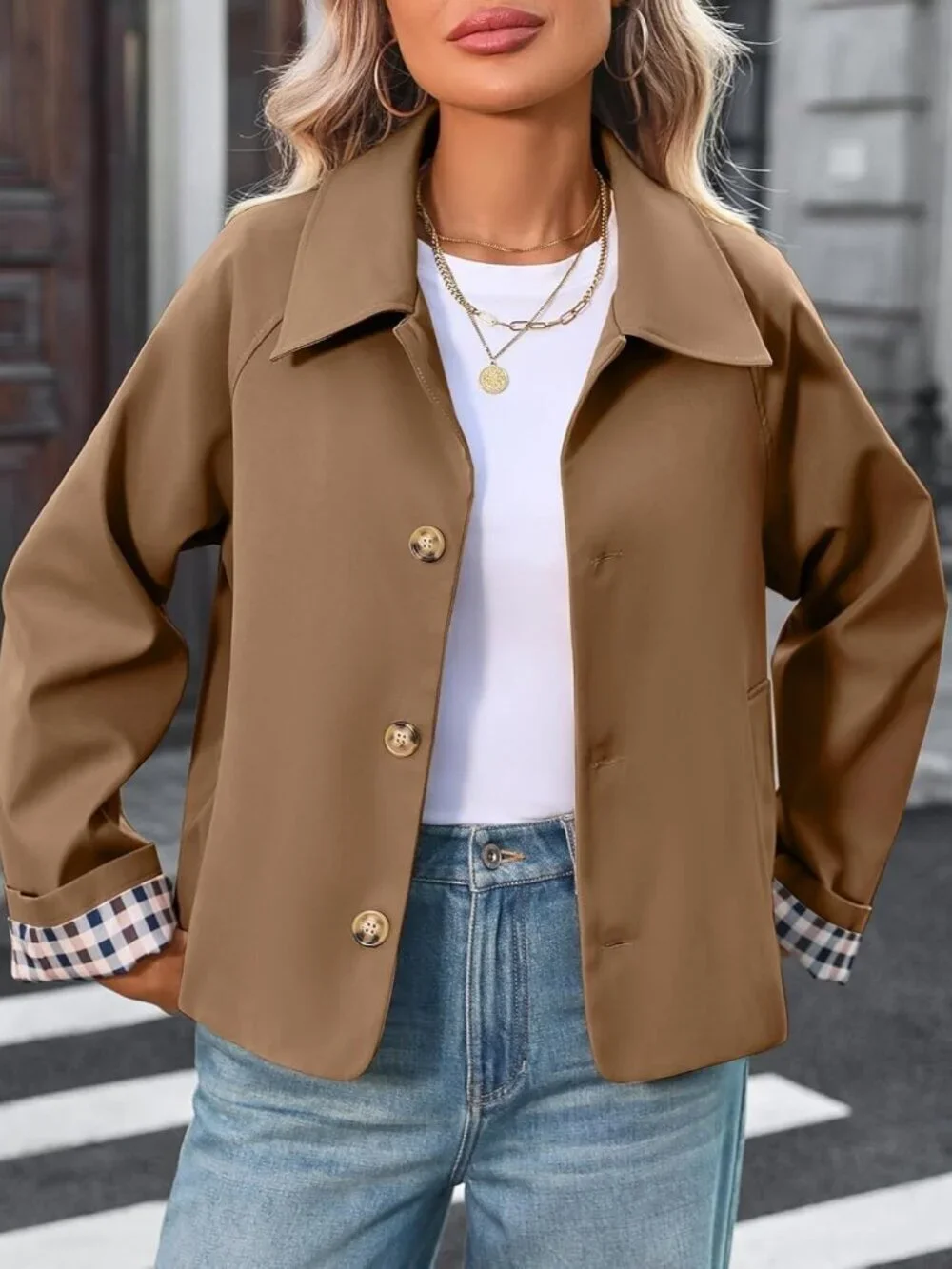 Women's Cropped Trench Coat Spring Fashion Jackets Outfit Single Breasted Khaki